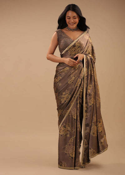 coffee brown satin saree with floral print and blouse-sg108152 2