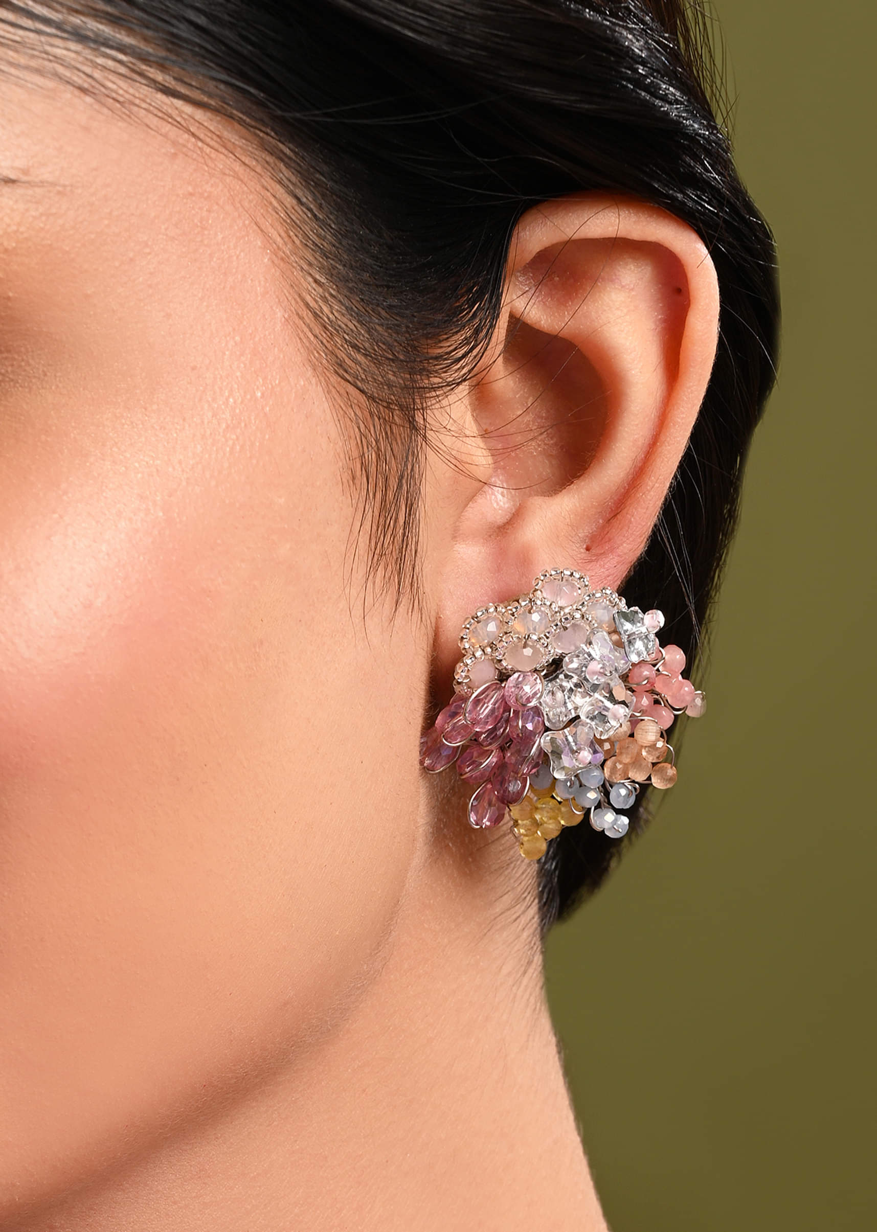 colourful crystal button earrings for haldi mehendi-sg370960-5 5