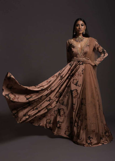 copper peach anarkali suit in milano with floral print plunging neckline and an embellished belt online - kalki fashion 2