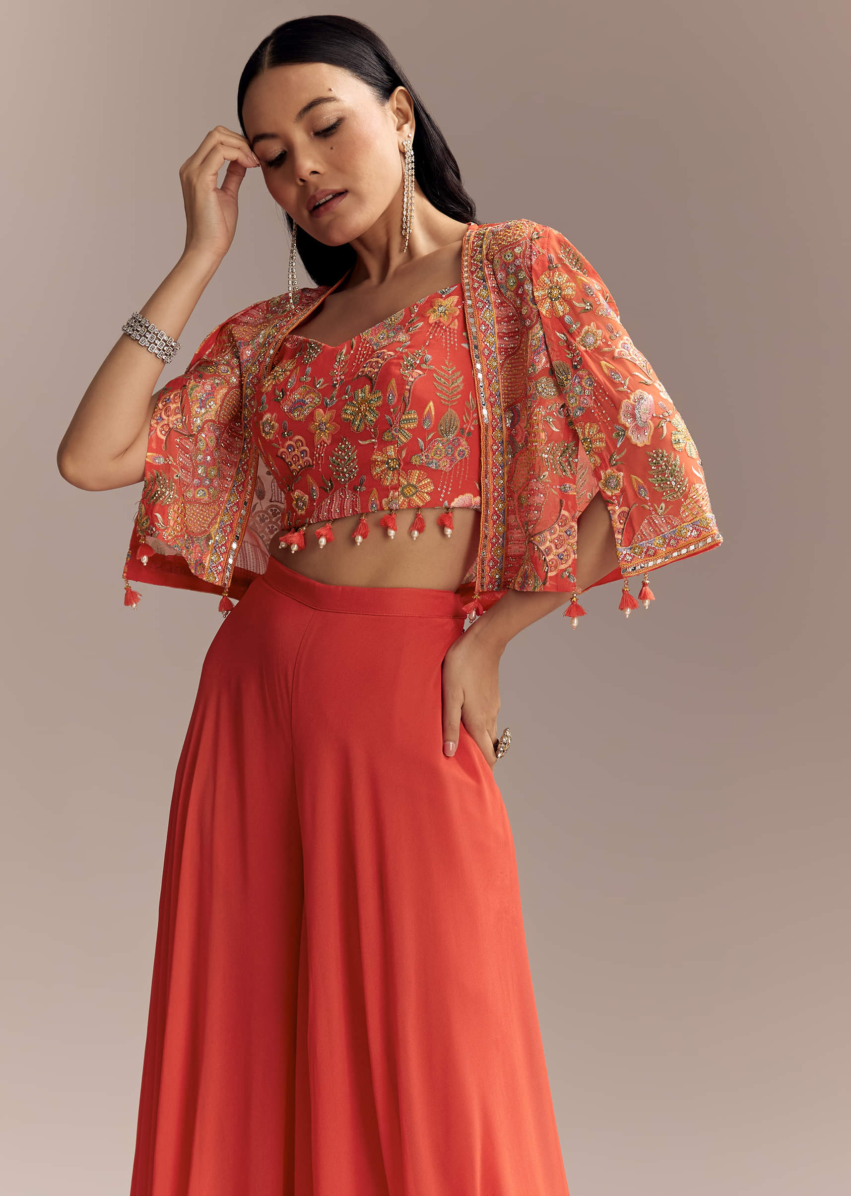 Coral Georgette Crop Top And Palazzo Set With Embroidered Cape