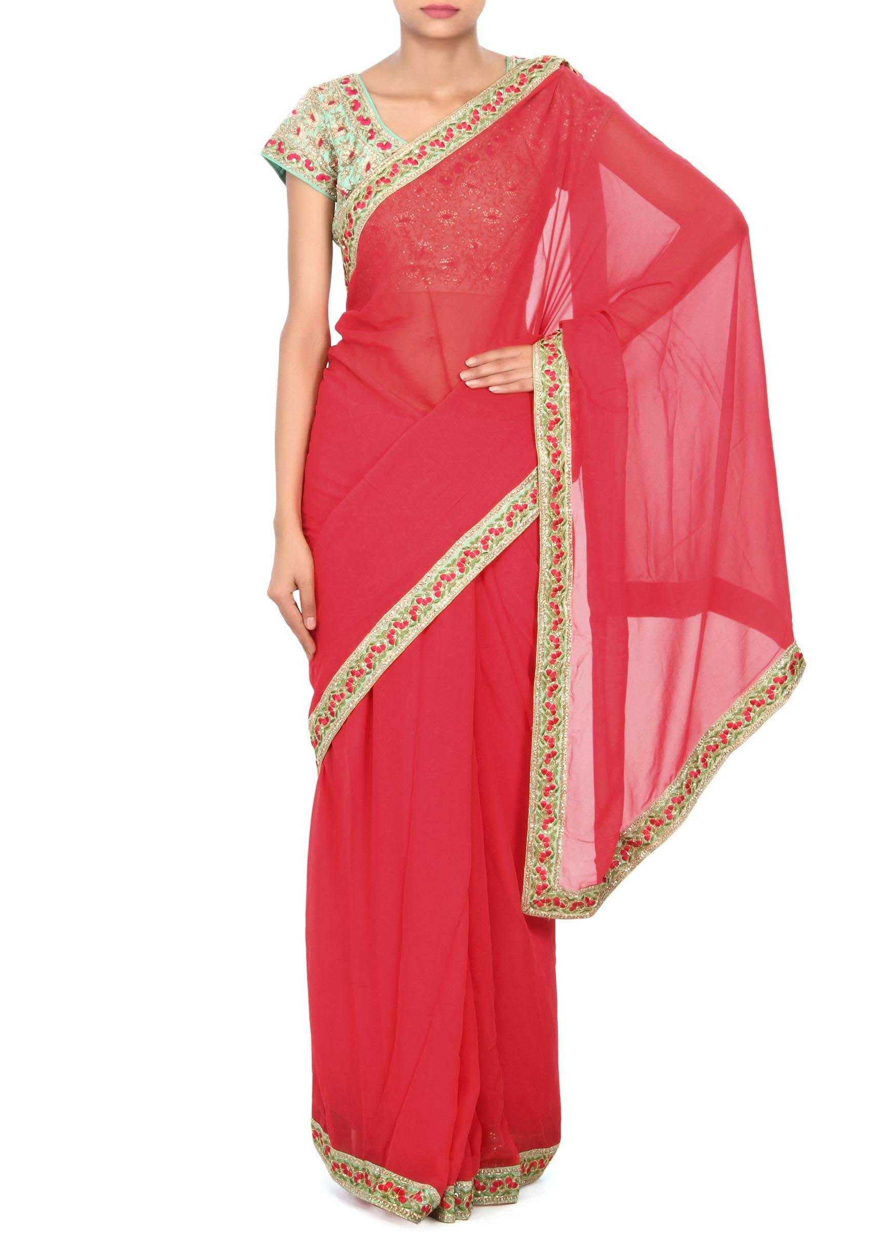 Coral pink saree matched with embroidered blouse only on Kalki - KALKI Fashion India