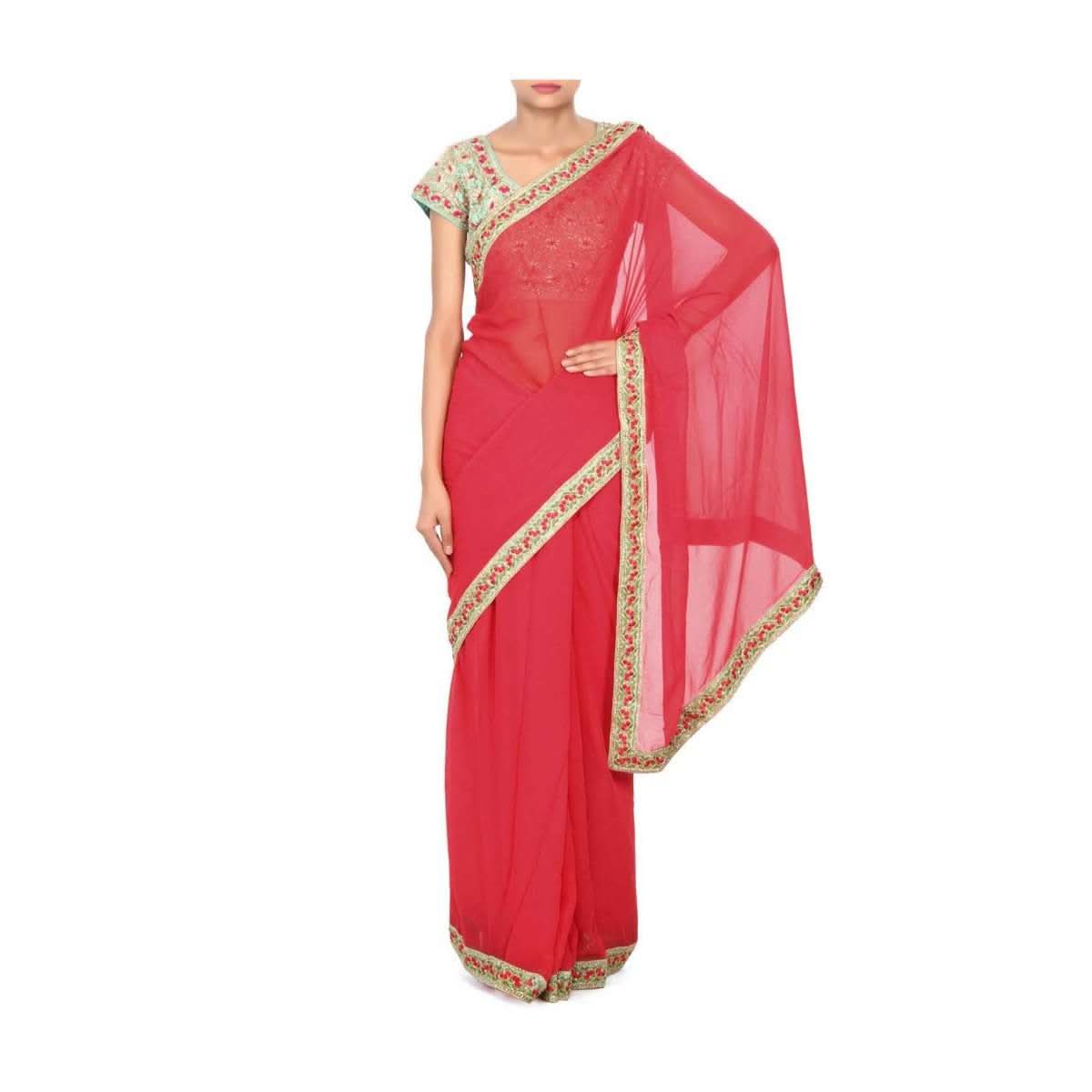 Coral pink saree matched with embroidered blouse only on Kalki - KALKI Fashion India