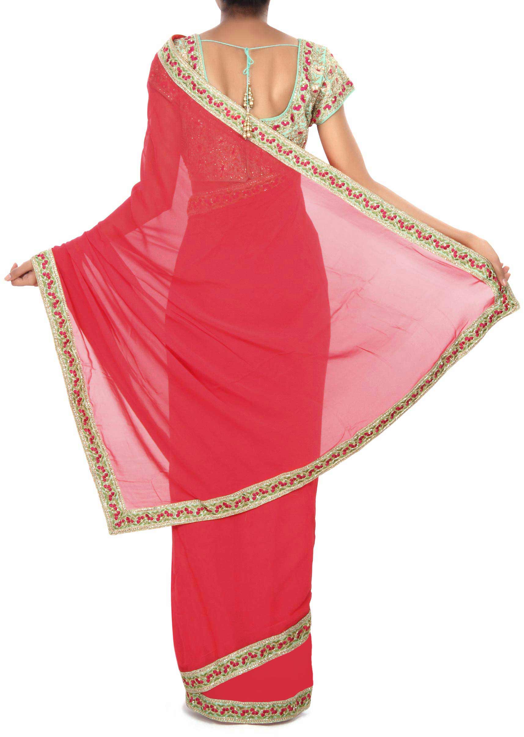 Coral pink saree matched with embroidered blouse only on Kalki - KALKI Fashion India