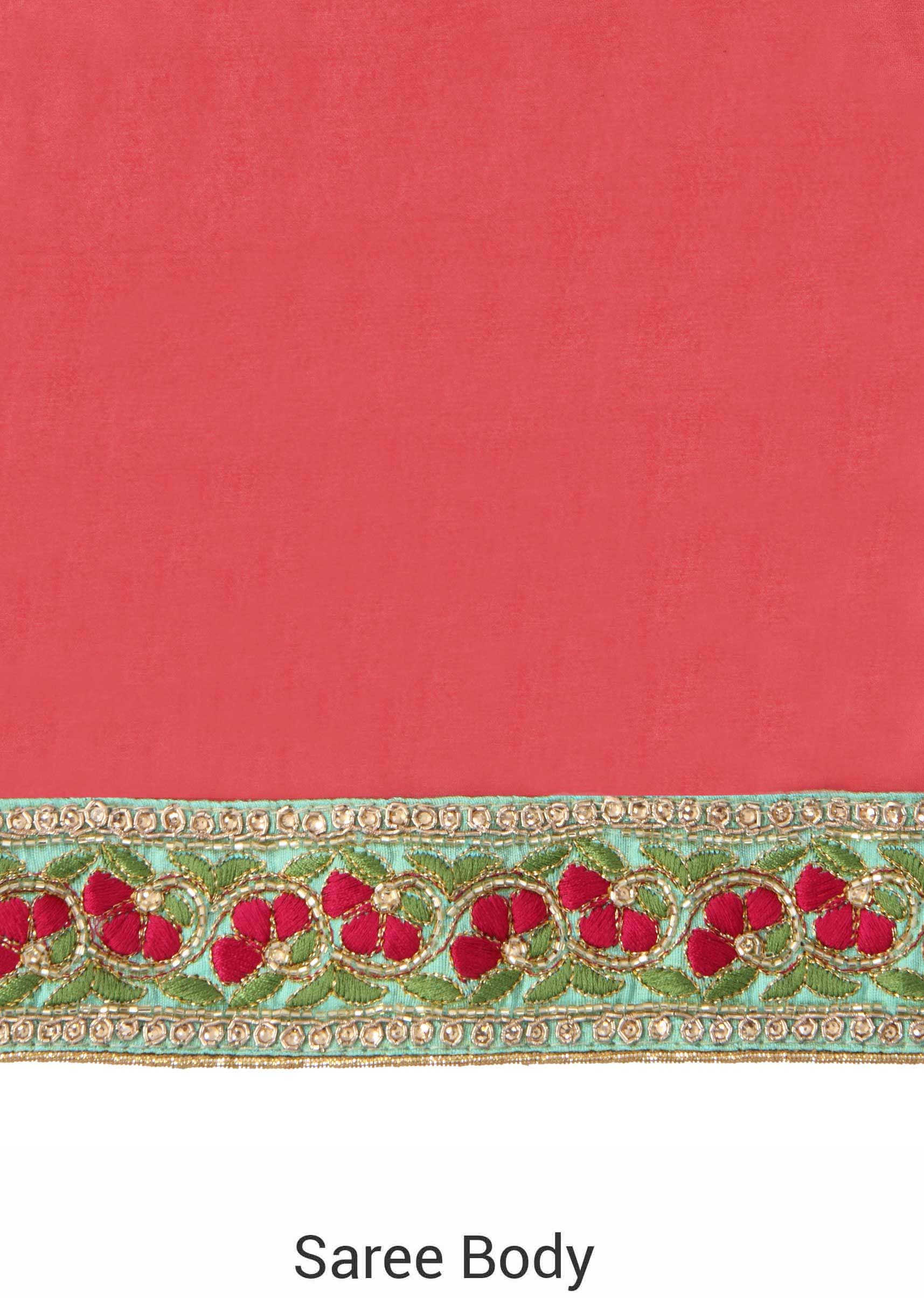 Coral pink saree matched with embroidered blouse only on Kalki - KALKI Fashion India