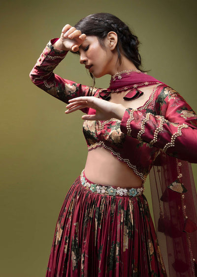cranberry red anarkali suit in floral printed satin with front cut out and sequin embroidery online - kalki fashion 2