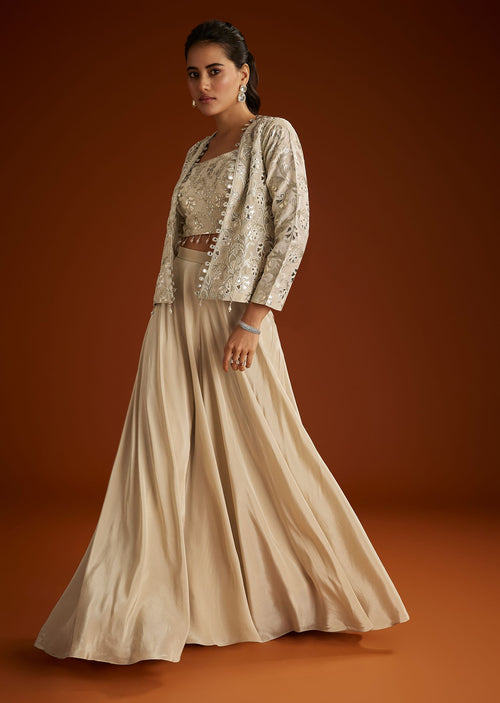Buy Cream Croptop Patch And Sequin Croptop Jacket Set| KALKI Fashion India