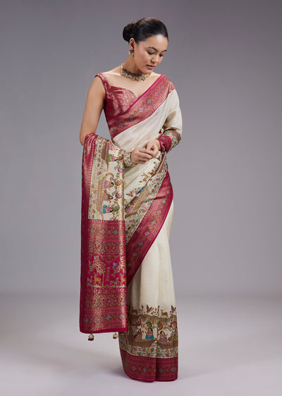 Cream Dola Silk Saree With Contrast Border And Zari Woven Pallu