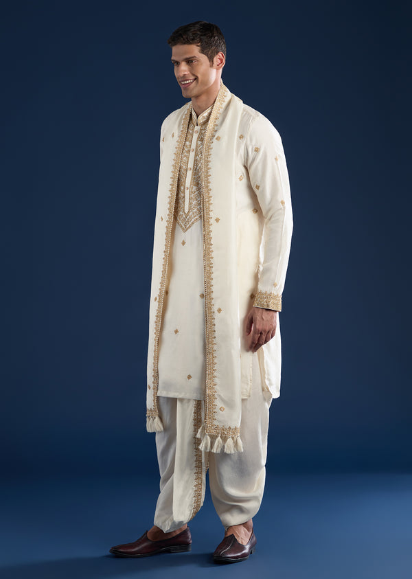 Cream Embellished Kurta with Dhoti & Dupatta Set