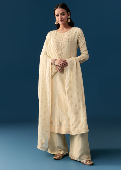 Cream Georgette Kurta Set With Zardosi Work