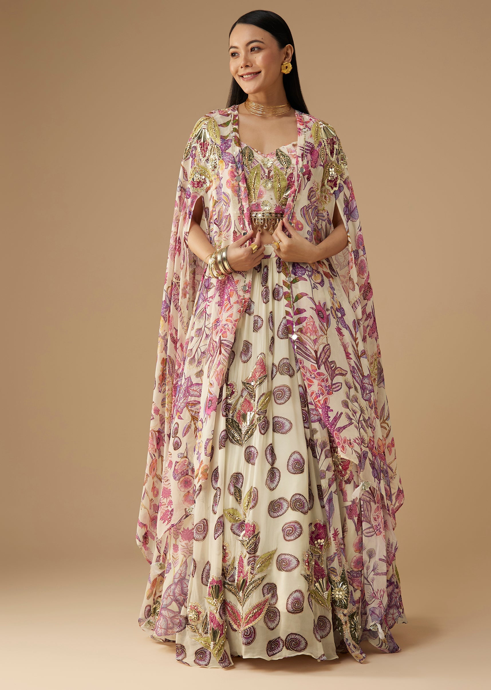 Cream Georgette Printed Lehenga Set with Cape