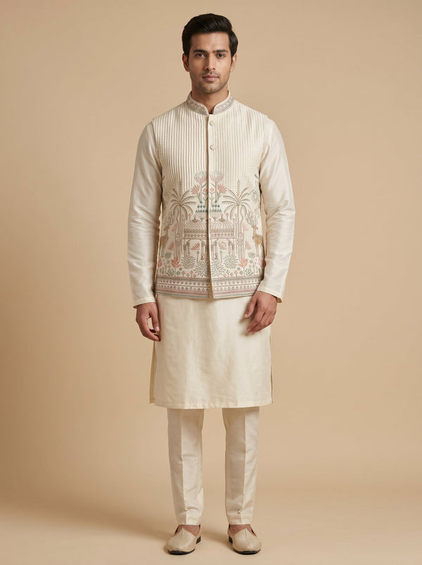 Cream jacket kurta set
