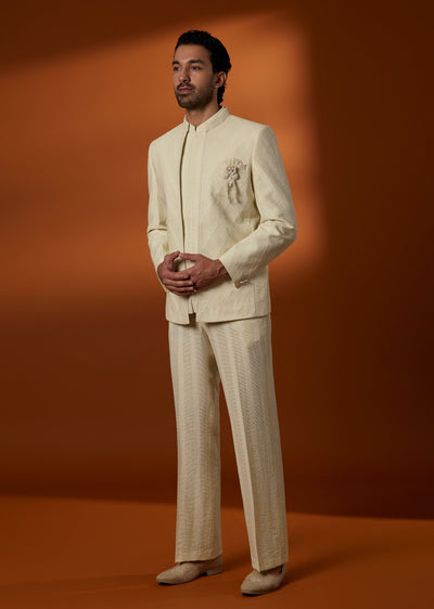 Cream Jodhpuri Suit With Pearl And Stone Brooch
