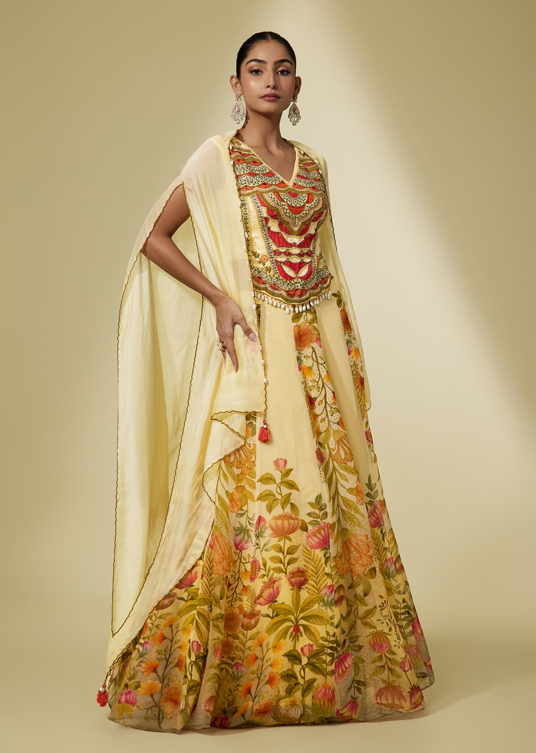 Cream Linen Floral Printed Lehenga Choli Set With Organza Cape