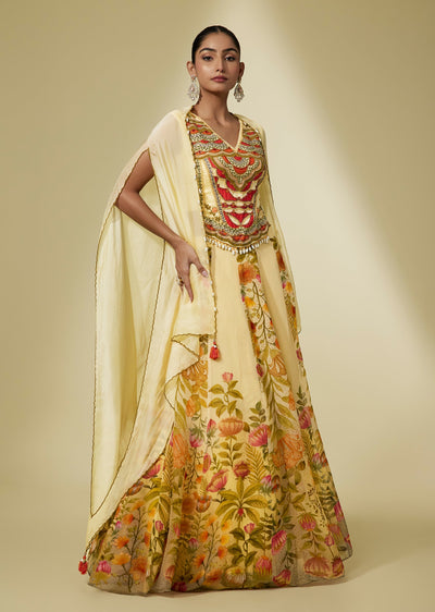 Cream Linen Floral Printed Lehenga Choli Set With Organza Cape