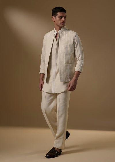 Cream Linen Kurta Jacket Set With Stitched Detailing