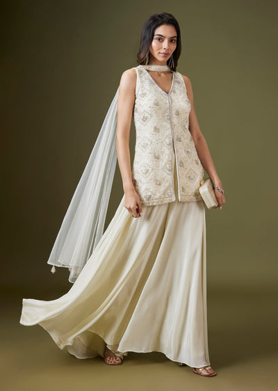 Cream Organza Embellished Palazzo Suit Set With Dupatta