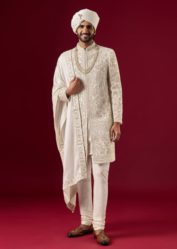 Cream Silk Sherwani Set With Zari And Sequin Work