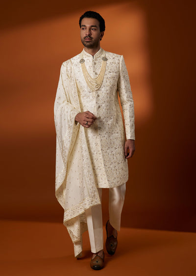 Cream Silk Sherwani With Resham And Sequin Embroidery