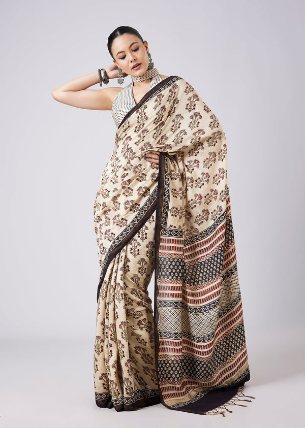 Cream Tassel Border Printed Saree with Unstitched Blouse