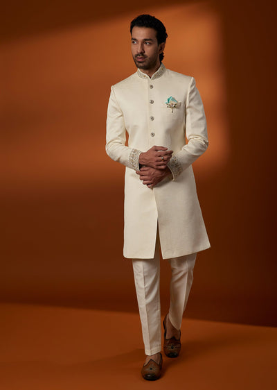 Cream Viscose Zardosi Embroidered Sherwani Set