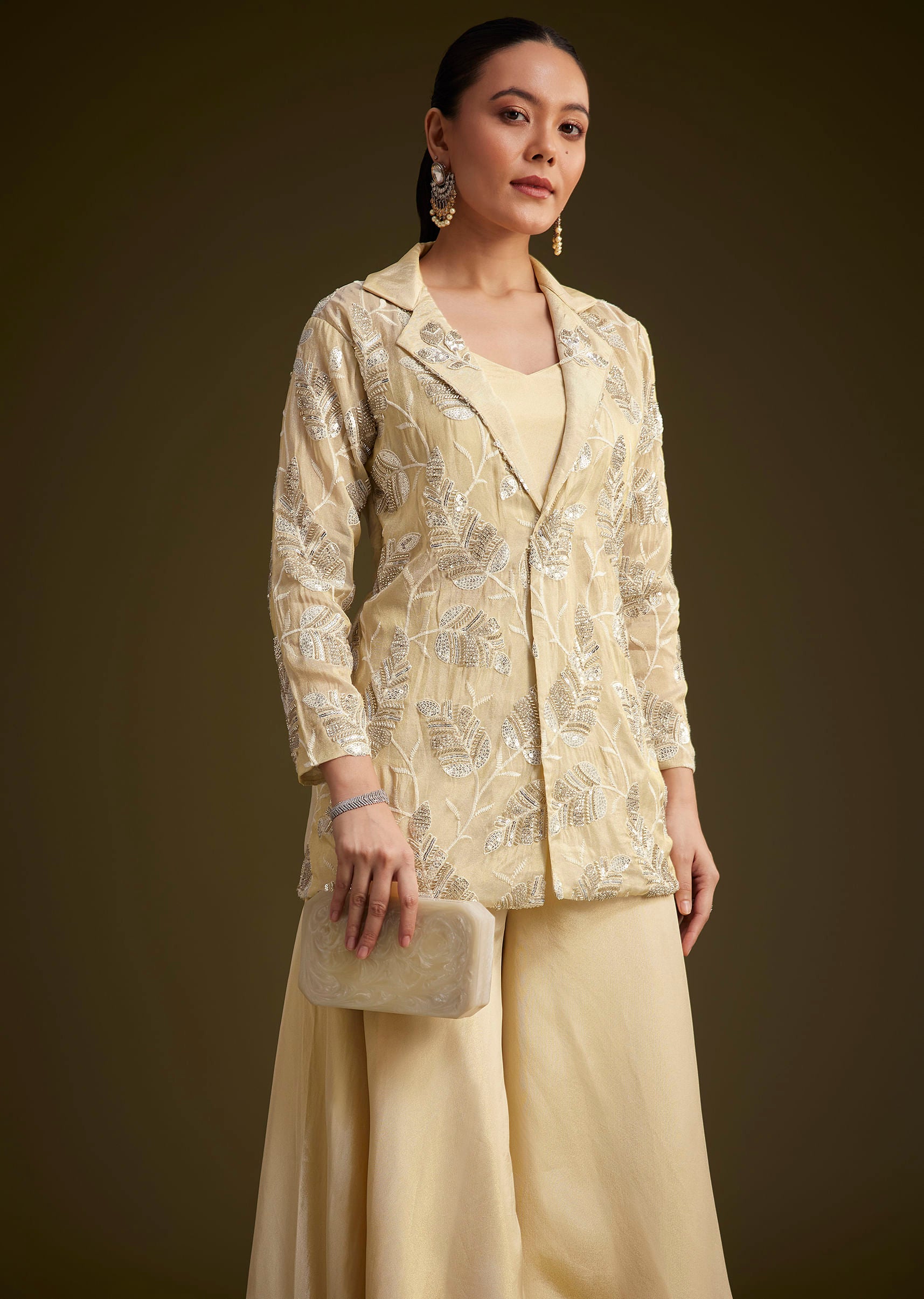 Cream Embroidered Croptop Palazzo And Jacket Set KALKI Fashion India