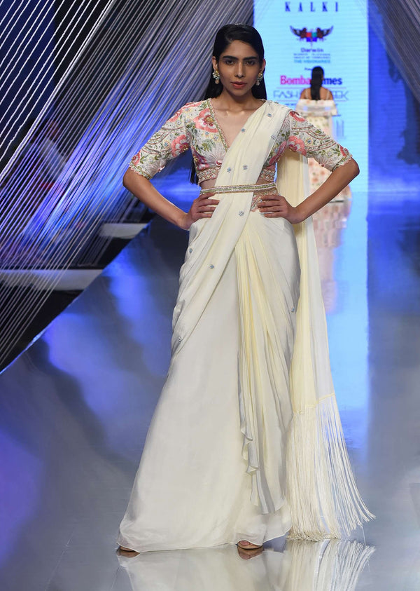 Cream White Ready Tp Wear Saree With Floral Hand Work On The Blouse