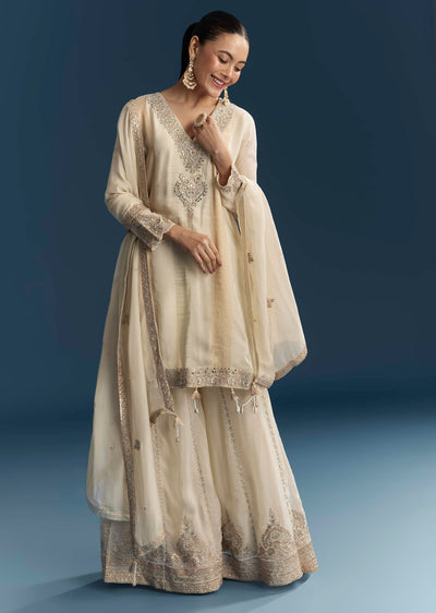 Cream Organza Palazzo Suit With Zari And Mirror Work