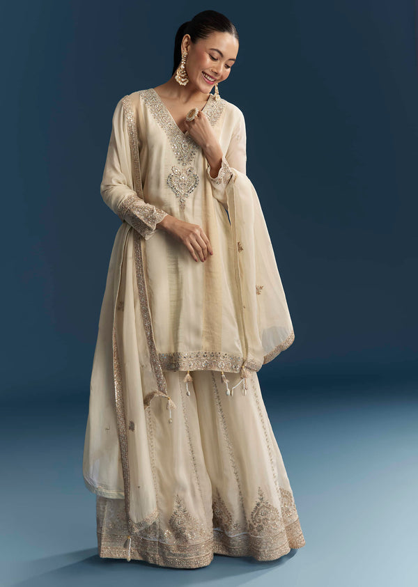 Cream Organza Palazzo Suit With Zari And Mirror Work