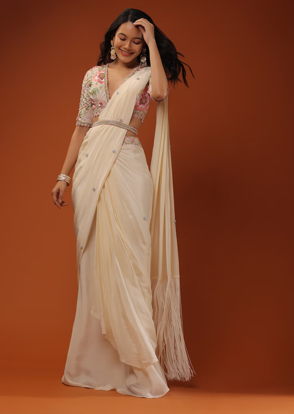 Cream White Ready Tp Wear Saree With Floral Hand Work On The Blouse