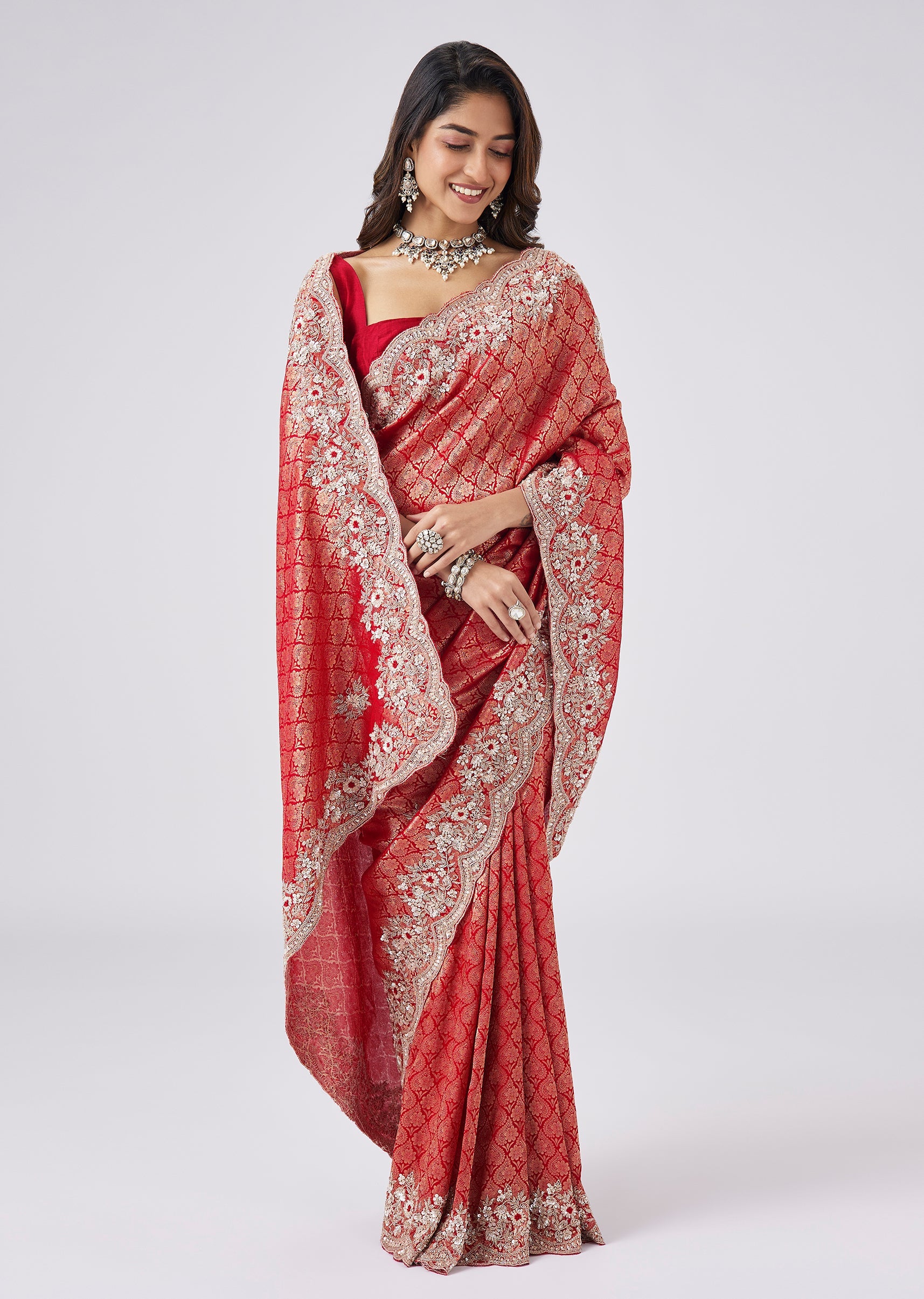 Crimson Red Brocade Saree With Embroidered Pallu