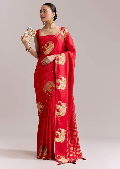 crimson-red-chinon-woven-saree-with-elephant-motifs-sg351918-1