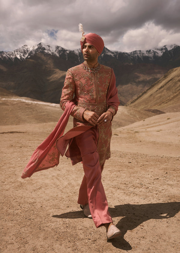 Crimson Red Raw Silk Sherwani Set With Zardosi Embroidery