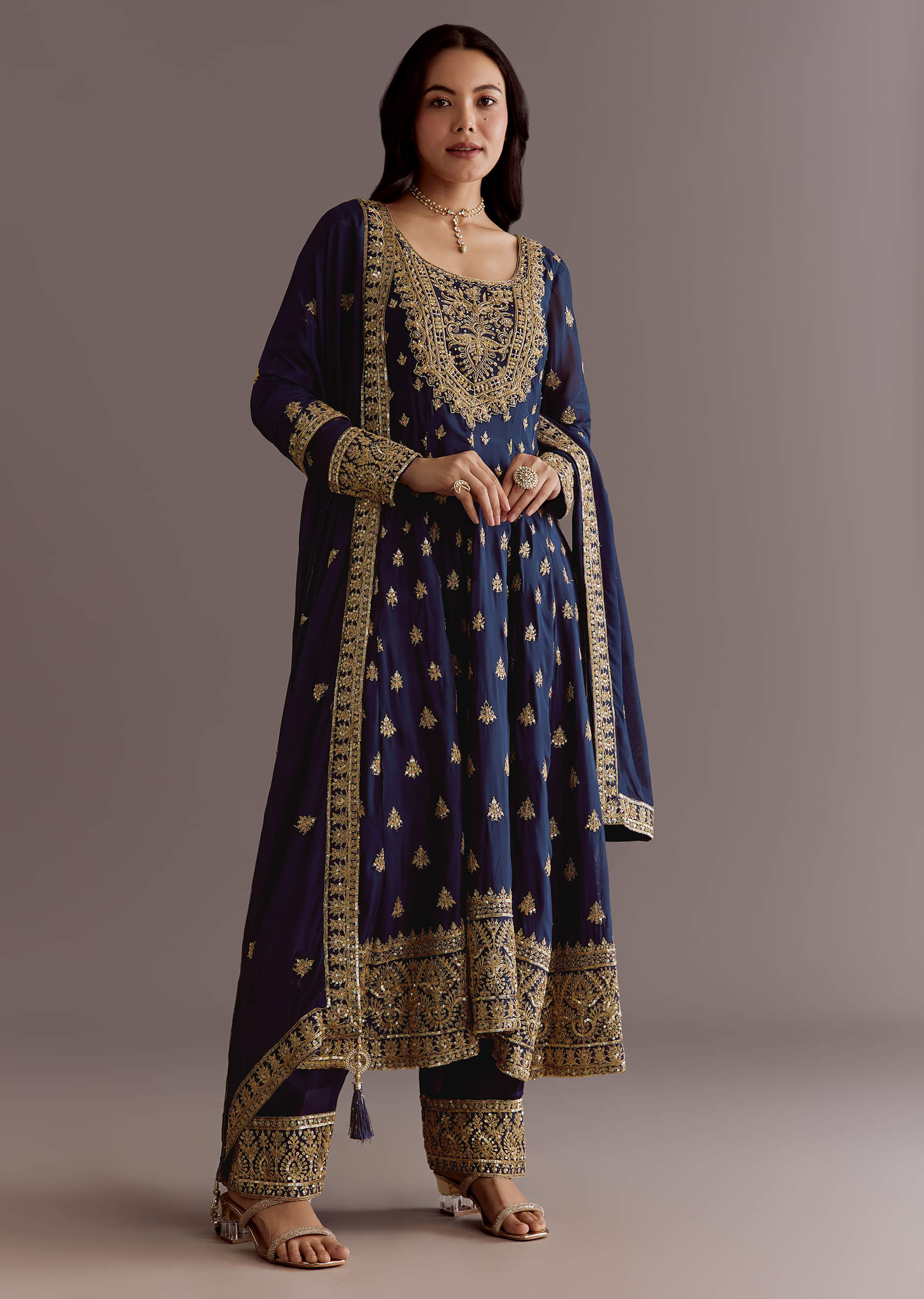 Dark Blue Chinon Zari Embroidered Anarkali Suit With Dupatta