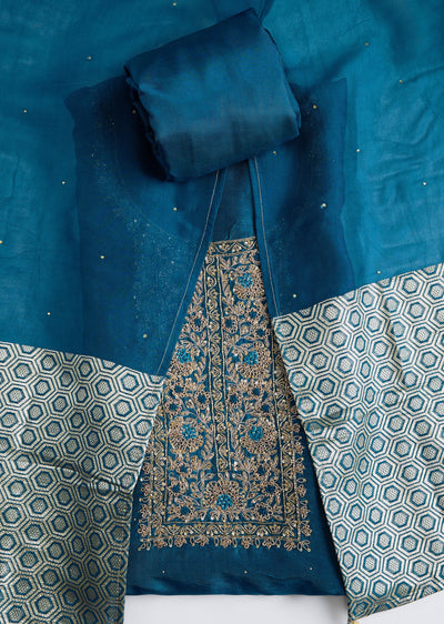 Dark Blue Tissue Embroidered Dress Material Set