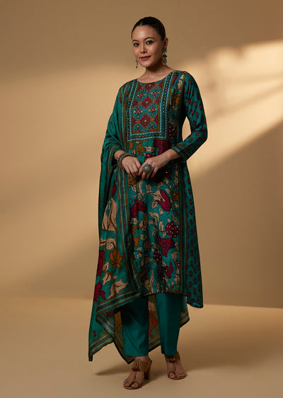 Dark Green Cotton Kurta Set With Digital Kalamkari Print