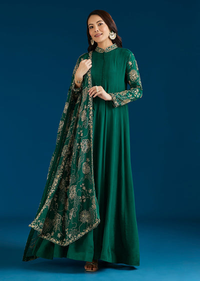 Dark Green Embroidered Chinon Anarkali Suit With Dupatta