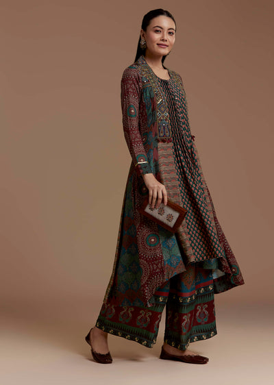Dark Green Indie Print Muslin Kurta Set with Thread Work