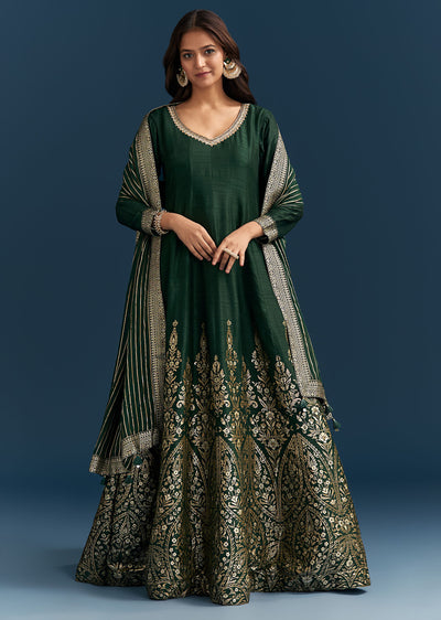 Buy Dark Green Jacquard Silk Anarkali Suit With Festive Jacket Overlay | KALKI Fashion India Buy Dark Green Jacquard Silk Anarkali Suit With Festive Jacket Overlay | KALKI Fashion India