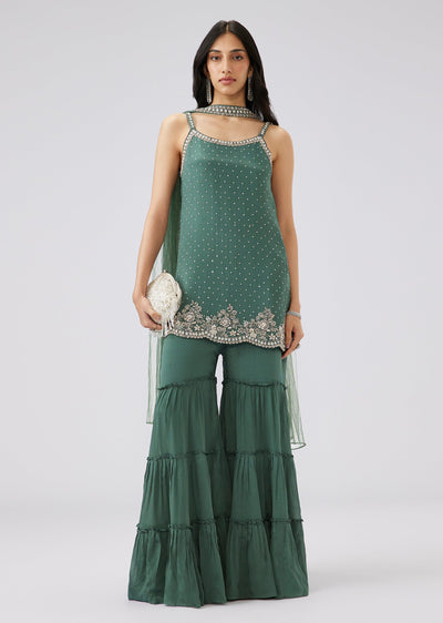 Dark Green Sequined Chinon Sharara Set