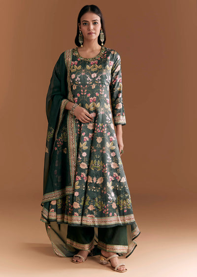 Dark Green Silk Anarkali Suit With Floral Print