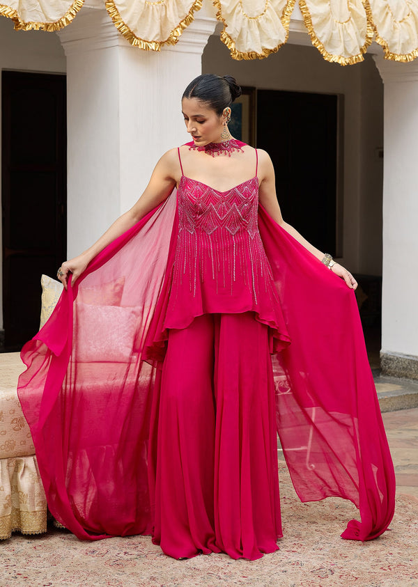 Dark Pink Georgette Sharara Set With Embroidered Kurta And Choker Dupatta