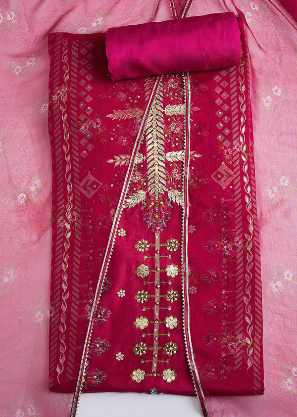 Dark Pink Tissue Dress Material Set With Contrasting Dupatta