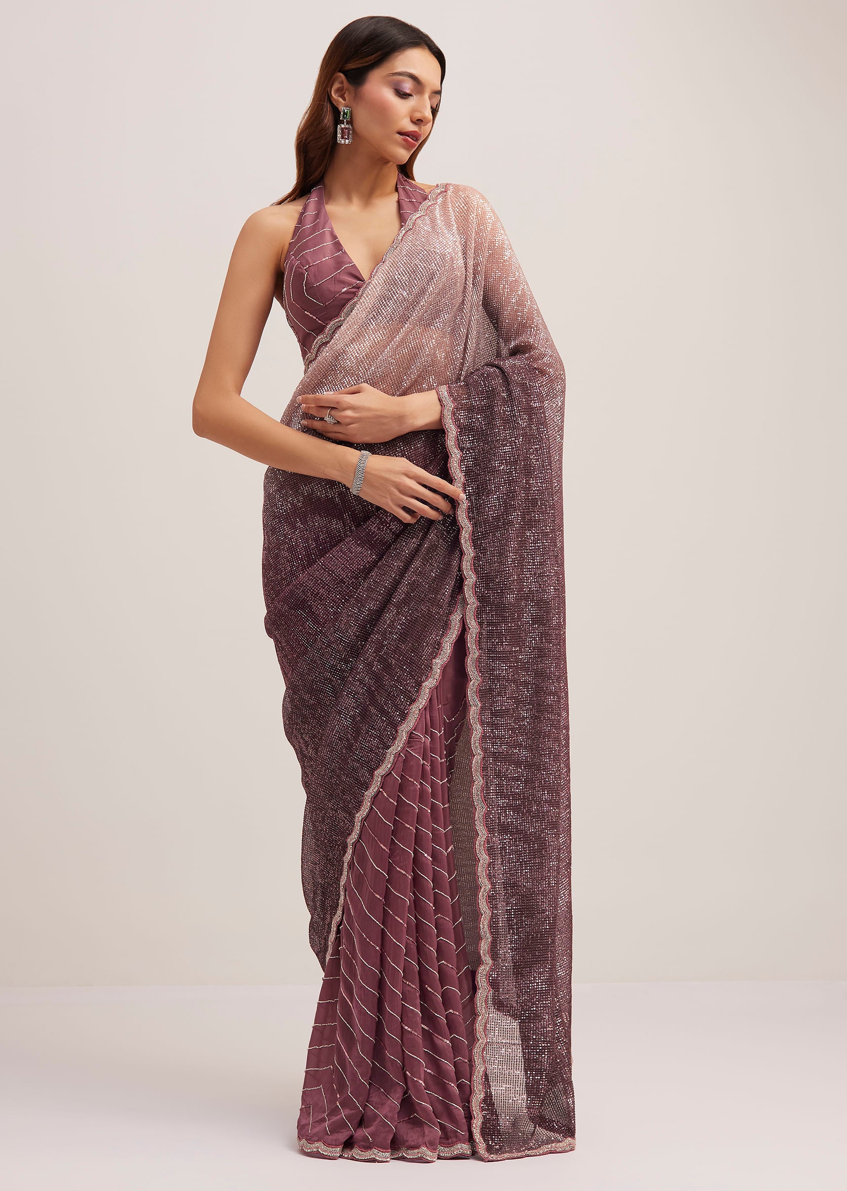 Dark Brown Dual Shaded Sequins Saree With Scalloped Border
