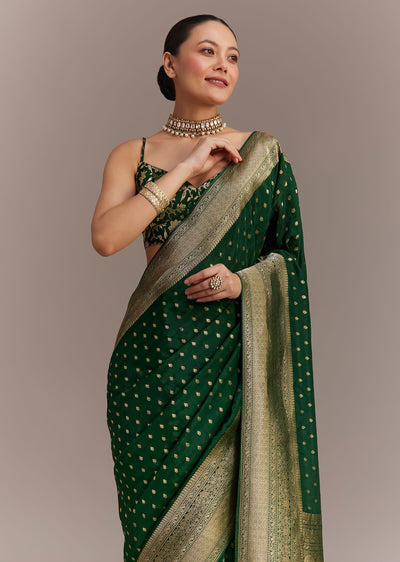 dark green tissue silk saree with zari border-sg276483 6