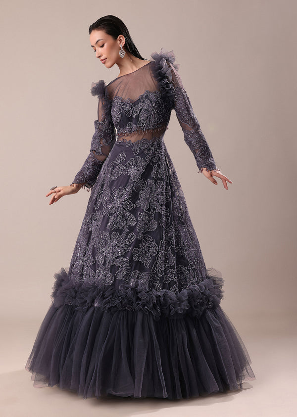 Dark Purple Embroidered Fancy Ruffle Gown Kalki