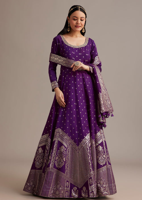 Buy Dark Purple Gold Weave Anarkali With Banarasi Dupatta