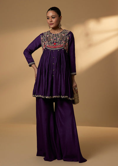 Deep Purple Dola Silk Peplum Palazzo Set With Floral Embroidery