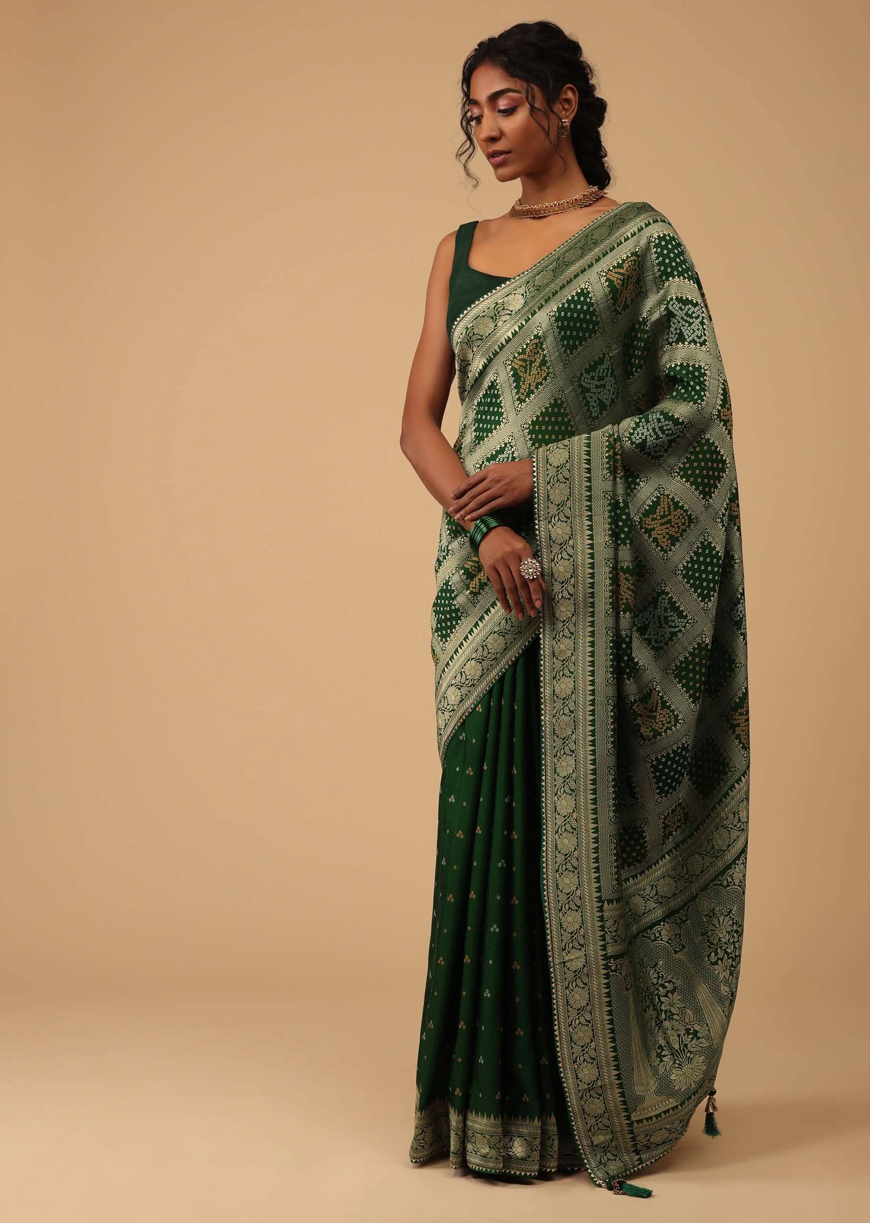 deep green dola silk banarasi saree with bandhani-sg142168 3