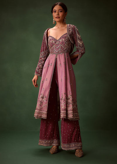 deep mauve anarkali suit set with velvet pants and embroider-sg280107 7