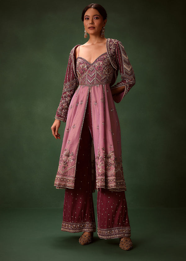 Deep Mauve Anarkali Suit Set With Velvet Pants And Embroidered Jacket